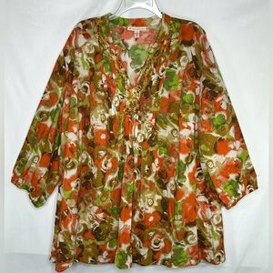 JM Collections Tunic Top Pintuck Embroidered Sequins & Beads Peasant Boho Sz 22W